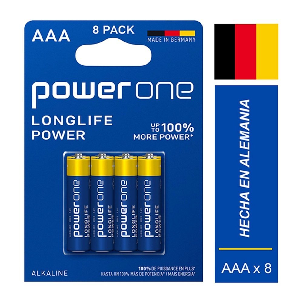 POW-P10-AAA-X8-blanco.jpg Pilas Alcalinas PowerOne AAA Pack 8 – Longlife Power 1,5V Made in Germany - Imagen 1