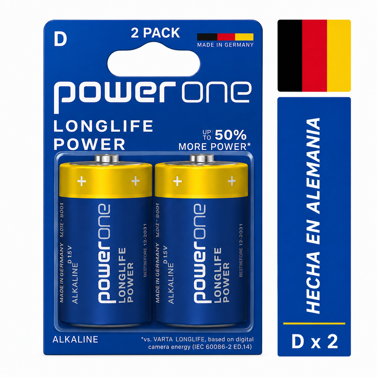 77928d65-aa48-47e2-a466-a66609a39259 Pilas Alcalinas PowerOne D Pack 2 – Longlife Power 1,5V Made in Germany - Imagen 1